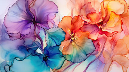 Beautiful floral alcohol ink illustration in bright colors. For covers, wallpapers, branding, greeting cards, invitations, social media and other stylish projects. - obrazy, fototapety, plakaty