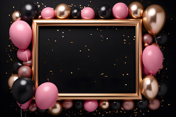 Golden frame with gold, pink and black balloons with sparkles on black background