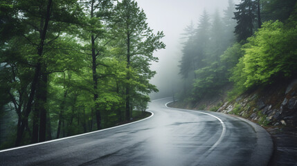 Fototapeta premium An enchanting mountain road gracefully meandering through a rainy forest.