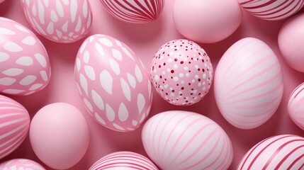 Fototapeta na wymiar Pattern of pink and white Easter eggs over pink background, copy space, 16:9