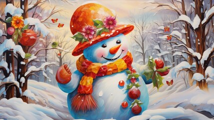 Fototapeta na wymiar A painting of a snowman wearing a hat and scarf