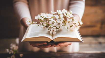 A person holding an open book with flowers on it