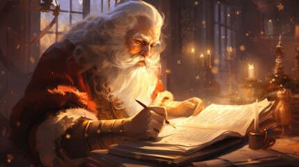 A painting of a santa claus writing a letter