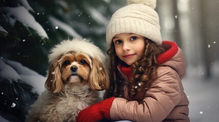 A little girl sitting next to a dog in the snow