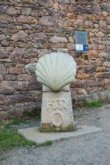 The scallop shell marking the Camino de Santiago pilgrimage starting point at Beauport Abbey,...