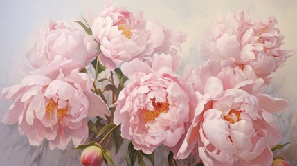 A painting of pink peonies in a vase