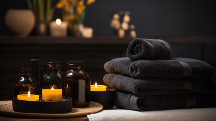 Black towels with jars of cream and candles in a spa salon, concept: body and mind, 16:9