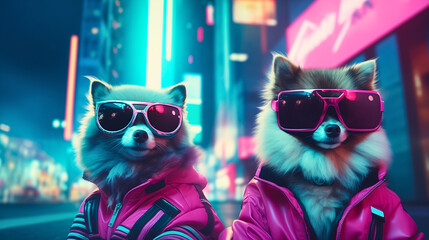 In a neon-lit, cyber-themed landscape, 3D avatars of stylish cats and dogs, and futuristic pet influencers explore the digital pet world in a neon night ambiance with vibrant contrasts. - obrazy, fototapety, plakaty