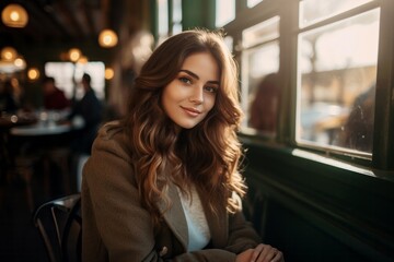 A smiling woman sitting by a window in a cozy restaurant
