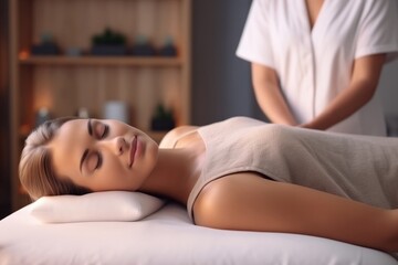 A young beautiful woman lying and sleeping relaxed on a massage table in a tranquil spa retreat