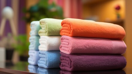 Obraz na płótnie Canvas A set of colored towels in a spa salon, copy space, 16:9