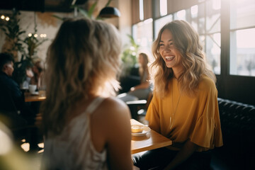 Two cheerful friends enjoying a conversation while seated in a charming cafe