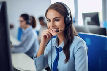 Young and friendly woman, wearing a headset, efficiently operating as a call center agent in a contemporary office, providing support via a hotline