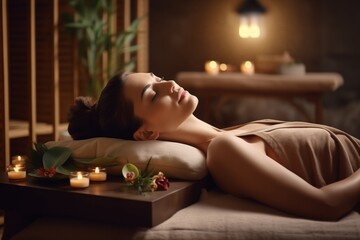Young beautiful woman lying on massage table in a luxurious spa for ultimate relaxation