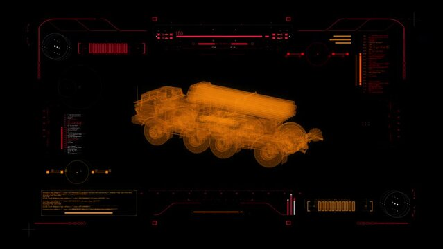 Digital Blueprint Scan of The BM-27 Uragan (hurricane). Self-Propelled 220 mm Multiple Self-Propelled Rocket Launcher. Futuristic User interface HUD. Military Reconnaissance 360 View.