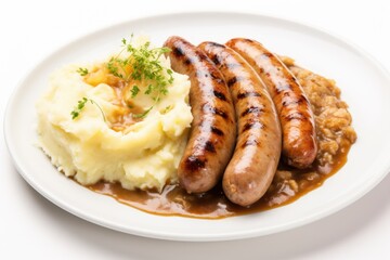 A white plate topped with mashed potatoes and sausages. Photorealistic, on white background