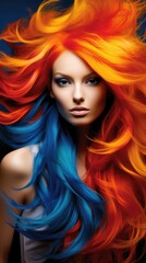 Fototapeta premium A beautiful woman with bright red and blue hair. Color brilliance and eye catching hair perfection.