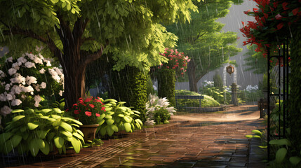 Fototapeta premium Enjoy the mesmerizing rainfall during the warm seasons of spring and summer.