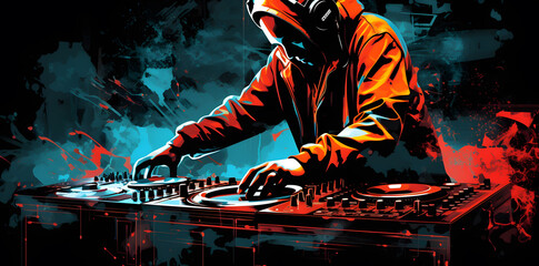 Dj with  controller set playing music - obrazy, fototapety, plakaty