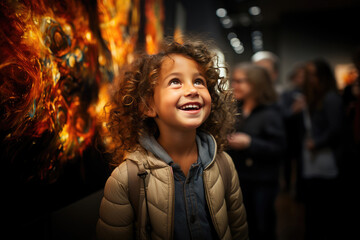 Joyful young girl with curly hair, marveling at abstract art, radiating happiness in a bustling gallery setting.
