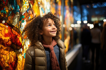 Captivated young girl with curly hair, marveling at vibrant stained glass art in a bustling gallery.