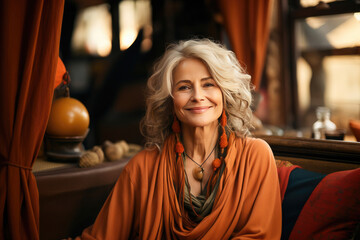 Radiant mature woman in bohemian style attire, exuding warmth and elegance in a cozy interior setting.