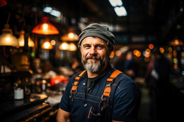 Confident mature craftsman with beard in a well-lit workshop, surrounded by tools and machinery.