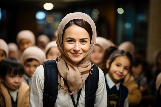 Smiling teacher in hijab leading a group of diverse students in a school setting.