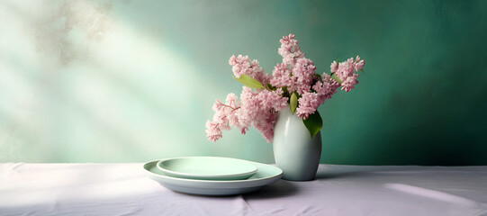 Elegant spring still life with lilacs, pastel colors, and empty plates on a white table for interior decor or spring-themed concepts