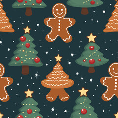 seamless pattern with christmas trees and gingerbread cookies