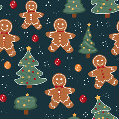 seamless pattern with christmas trees and gingerbread cookies