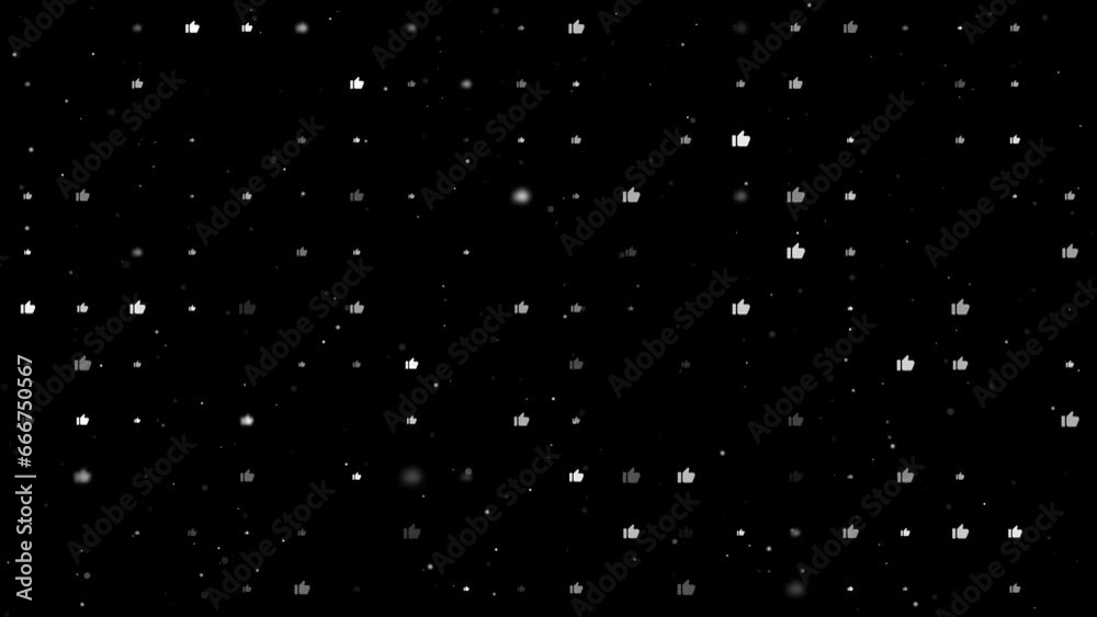Poster template animation of evenly spaced thumb up symbols of different sizes and opacity. animation of tr