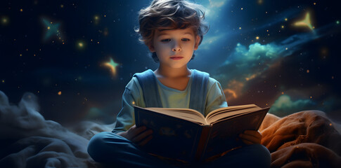Little boy reading book before sleeping - obrazy, fototapety, plakaty