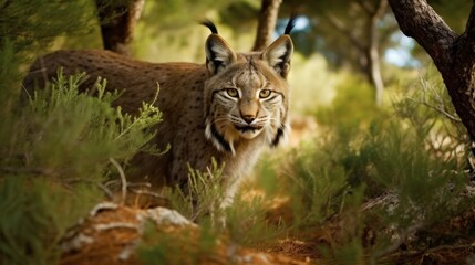 Naklejka na ściany i meble Iberian Lynx Stalking Prey in Mediterranean Landscape