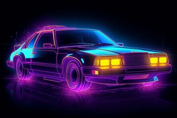 Futuristic car with neon backlight contours in cyberpunk retro wave style. Generative AI - obrazy, fototapety, plakaty