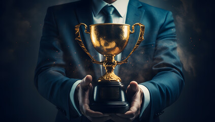 Business man holding gold trophy in his hands - obrazy, fototapety, plakaty