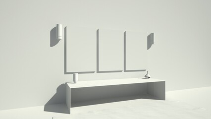 Modellazione e rendering 3d di una parete e pavimento bianche con quadro  bianco