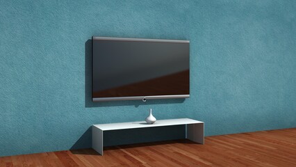 Modellazione e rendering 3d di una parete e pavimento colorate con TV 