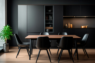 Modern dining room with chairs around a wooden table and a stylish black cabinet.
