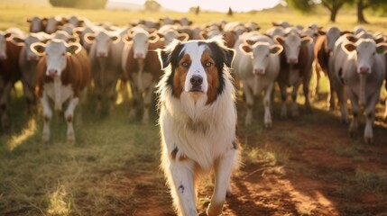 Australian Shepherd Herding Cattle in Rustic Ranch Environment