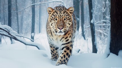 Majestic Amur Leopard in the Snowy Forests