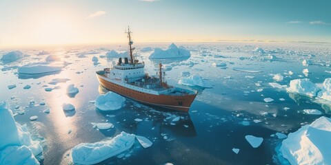 Obraz premium Aerial View of an Ice Floe with Towering Icebergs, Where a Sailboat and Icebreaker Venture Through the Frozen Waters, Spotlighting Environmental Concerns like Melting Ice, CO2 Emissions