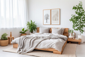Fototapeta premium Scandinavian modern bedroom with a wooden bed, grey bedding, and an abundance of houseplants.