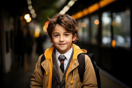 Charming schoolboy waiting at the train station, confidently looking forward with backpack and stylish attire.