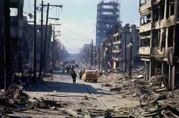 Destroyed city after atomic bomb explosion