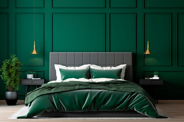 Modern bedroom with a bed featuring green bedding, a white wall with black wainscoting, and a stylish poster