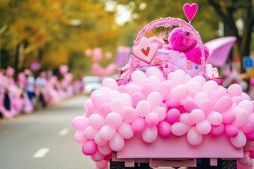 A cancer awareness parade with vibrant floats and heartfelt messages, love and creativity with copy space