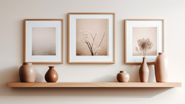 A display of decorative vases and framed artwork on a shelf
