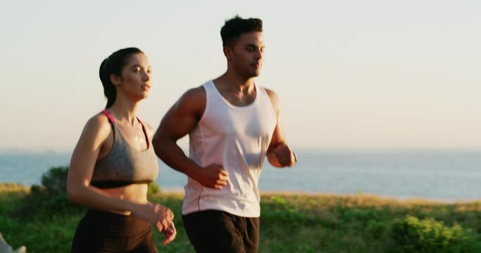 Fitness, healthy or couple in nature running for exercise, training or outdoor workout together. People, runners or athletes at beach park for sports endurance, wellness or cardio challenge in summer