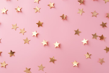 golden star confetti on a pastel pink backgroung, festive Christmas backdrop